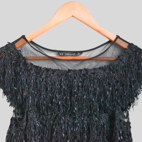 ZARA Basics Women's Tiered Fringe Mesh Top Black Size XS - Picture 3 of 8
